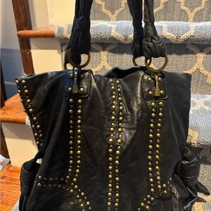 Black Studded Leather Tote Bag